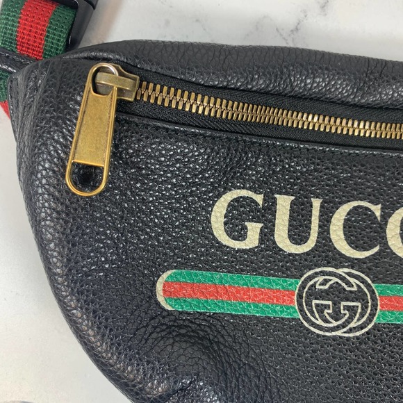 ❌❌ GUCCI Bumbag Belt Bag Black Grained Calfskin Small GG Logo Crossbody Stripe - Picture 8 of 13